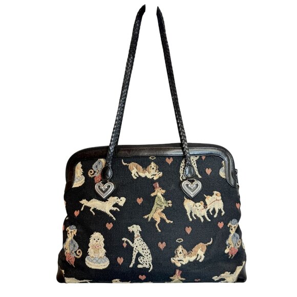 Brighton Vintage Tapestry Dog Tote with Leather Handles & Heart Charm Accents - Picture 1 of 11